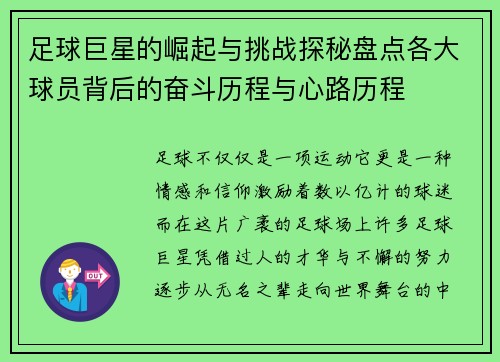 足球巨星的崛起与挑战探秘盘点各大球员背后的奋斗历程与心路历程