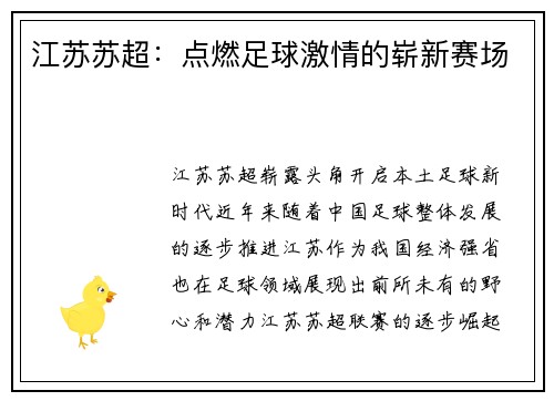 江苏苏超：点燃足球激情的崭新赛场