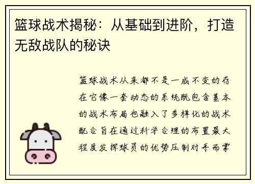 篮球战术揭秘：从基础到进阶，打造无敌战队的秘诀