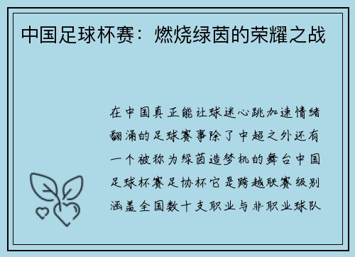 中国足球杯赛：燃烧绿茵的荣耀之战