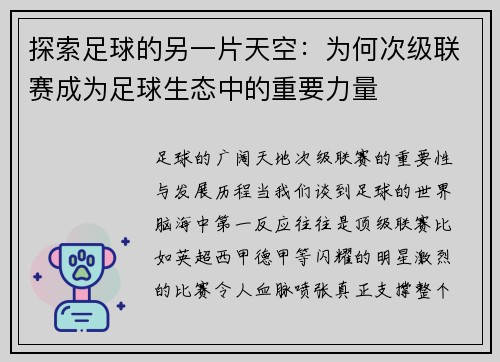 探索足球的另一片天空：为何次级联赛成为足球生态中的重要力量