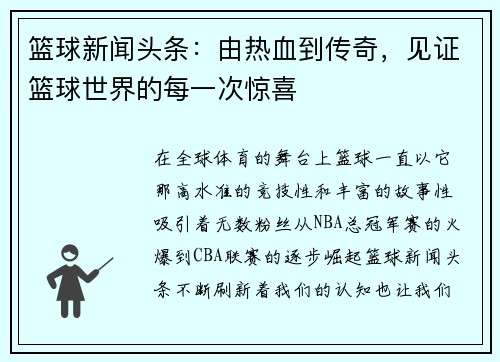 篮球新闻头条：由热血到传奇，见证篮球世界的每一次惊喜